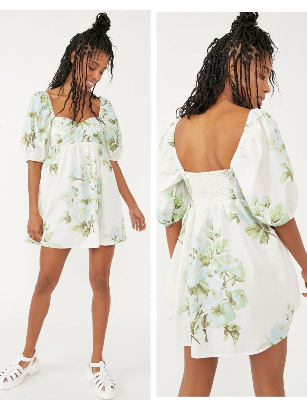 NWT Free People Peony Floral Babydoll Mini Dress XS Antique Combo Puff Sleeve